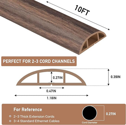 Floor Cord Cover Self Adhesive Cord Hider Floor Extension Cord Covers for Floor Power Cord Protector Cable Management Prevent Cable Trips Cable Cavity 0.47" W x 0.27" H (Smoked Brown Wood, 10Ft)