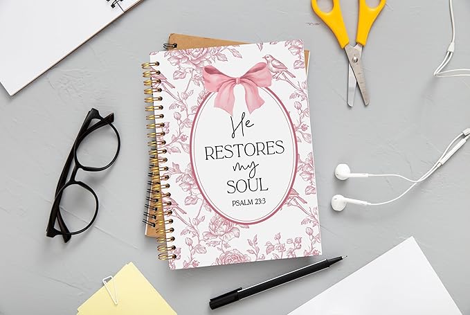 Christian Notebook for Women, Christian Art Gifts Journal, Prayer Journal for Women, Bible Journaling Notebook, PSALM 23:3 He Restores My Soul Floral Spiral Notebook 5.5x8.3
