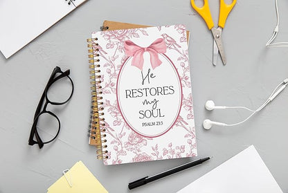 Christian Notebook for Women, Christian Art Gifts Journal, Prayer Journal for Women, Bible Journaling Notebook, PSALM 23:3 He Restores My Soul Floral Spiral Notebook 5.5x8.3
