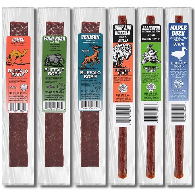Buffalo Bob's Wild Game Meat Snacks (6 Pack) | Exotic Snack Sampler Box | Gift Baskets for Men | Beef Jerky Gifts | Dad Snack | Random Gifts for Men | Jerky Gift Set | Random Pack