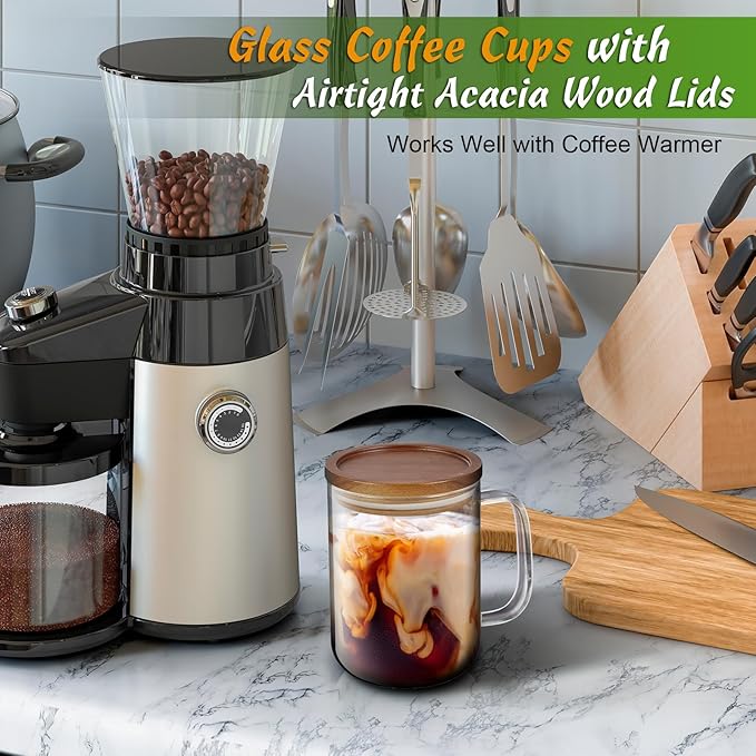 DRASTAR Glass Coffee Mugs, 20 oz Clear Coffee Cups, Coffee Mug with Acacia Wood Lid, Tea Glass Cups with Handles, Large Coffee Mug Set of 4, Glass Coffee Cups for Latte, Espresso, Tea