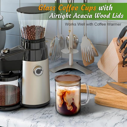 DRASTAR Glass Coffee Mugs, 20 oz Clear Coffee Cups, Coffee Mug with Acacia Wood Lid, Tea Glass Cups with Handles, Large Coffee Mug Set of 4, Glass Coffee Cups for Latte, Espresso, Tea
