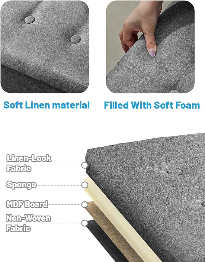 Storage Ottoman Foot Rest, Folding Linen Cotton Ottoman with Storage with Side Pockets and Handle, Foot Stool for Lounge, Study Corner, Home Office, 17x17x13 Inches, Dark Gray