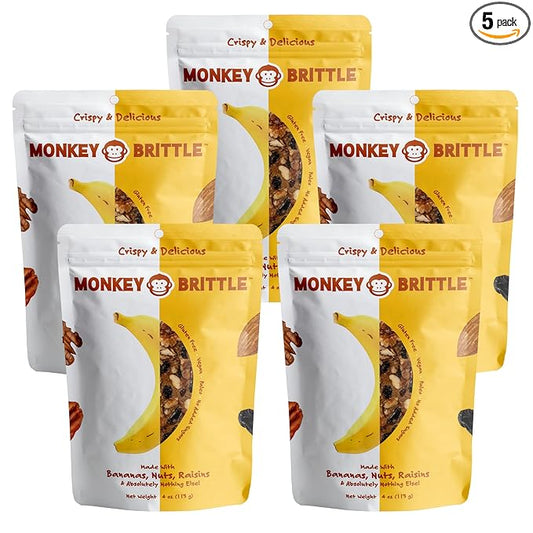 Monkey Brittle Healthy Snacks, Crispy Plant-Based Treats for Kids & Adults, Vegan & Gluten-Free, All-Natural Snack for School, Sports, Camping & On-the-Go (4oz, Pack of 5), Original