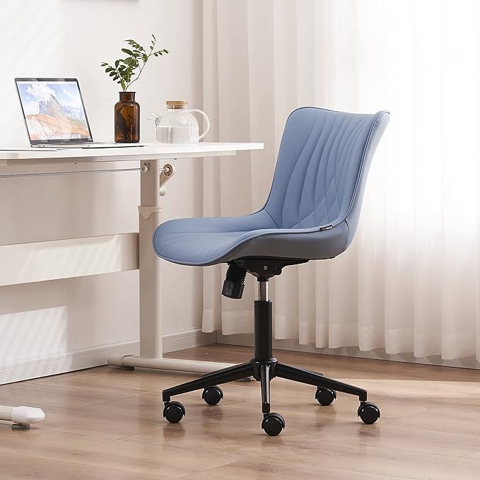 YOUNIKE Office Chair, Adjustable Swivel Armless Desk Chair with Wheels, Aesthetic Home Office Computer Task Chairs, Modern Faux Leather Upholstered Vanity Chair with Back, Blue