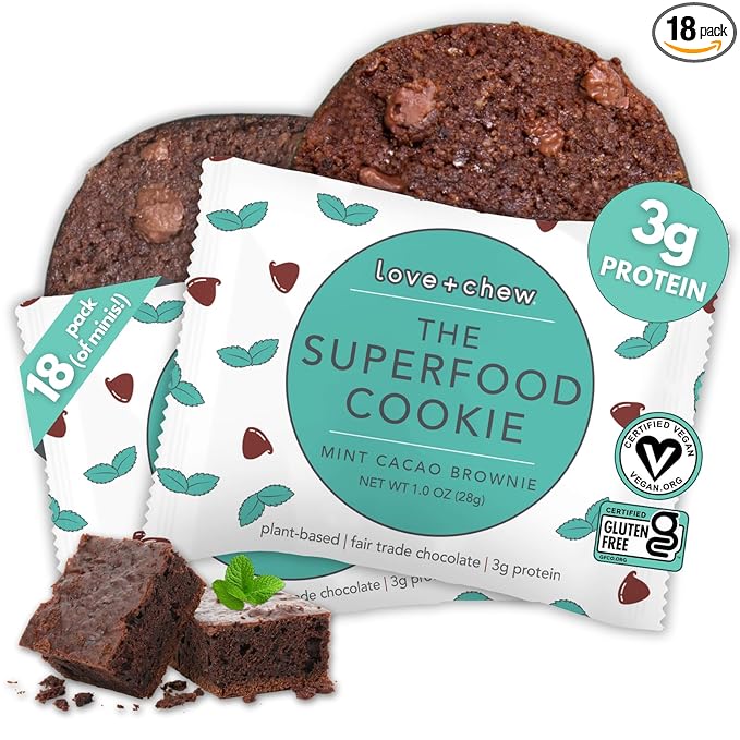Love + Chew Superfood Soft Baked MINI Cookies, Mint Cacao Brownie Flavor, Plant Based Cookie Made With Almonds & Dark Chocolate for Kids and Adults, Vegan Snacks, Gluten Free, Paleo, Non GMO, 18 Pack