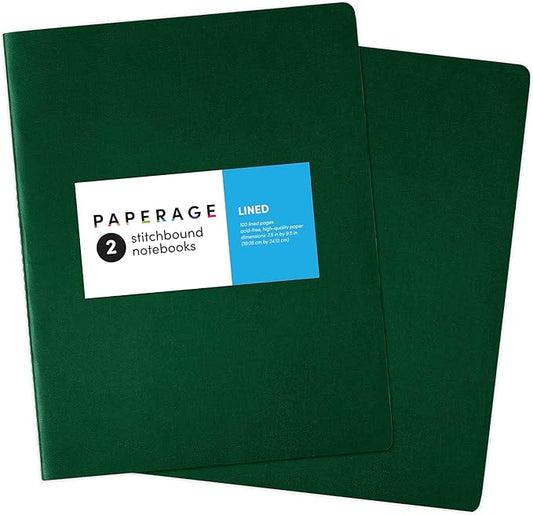 PAPERAGE Soft Cover Lined Journal Notebook, 2 Pack, (Dark Green), 100 Pages, Large 7.5 inches x 9.5 inches, College Ruled, Ideal for Note Taking & Travel Journal