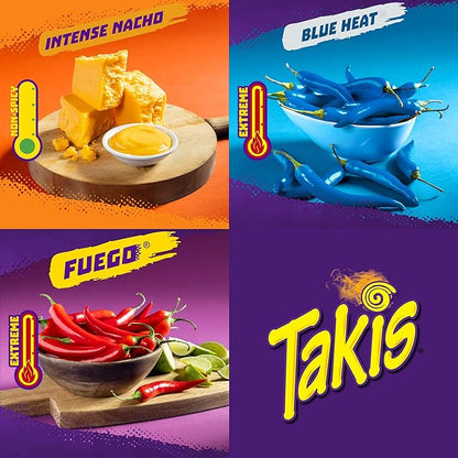 Takis 18 pc / 1 oz Hero Variety Pack, Assorted Flavored Mixed Rolled Tortilla Chips – (8) Fuego, (6) Blue Heat, (4) Intense Nacho