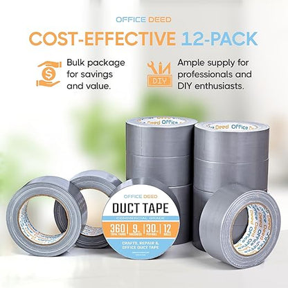 Duct Tape Heavy Duty Waterproof, 30 Yards x 2 Inch, 12-Roll Pack, All-Weather Grey Duct Tape Bulk, Strong, No Residue, Industrial and Professional Use