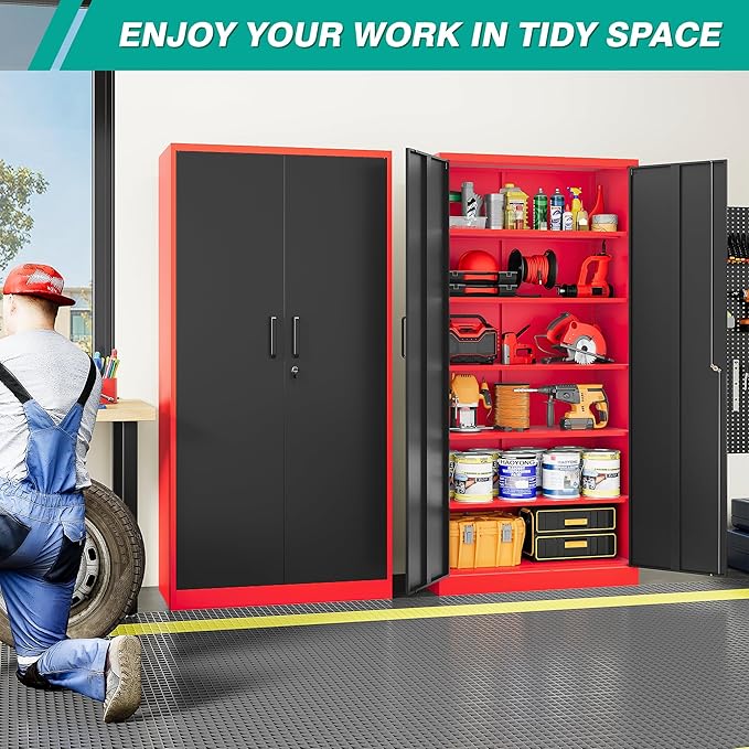 Wide & Deep Metal Storage Cabinet with 6 Shelves,72" Tall Red Garage Storage Cabinet with Lock,Metal Cabinets with Locking Doors,Lockable Steel Cabinets for Home,Office,Shop,Garage,72x36x18
