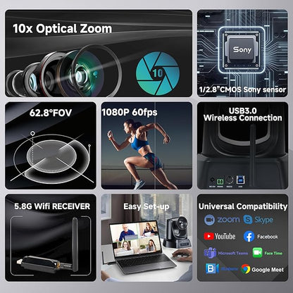 TONGVEO Wireless Conference Room Webcam, Church Live Streaming 10X USB 1080P 60fps PTZ Camera for Worship Services Online Conference, Works with Zoom, Skype OBS