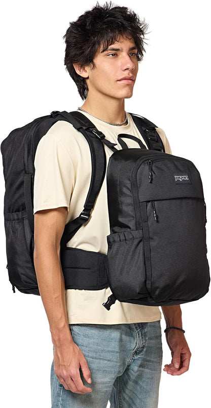 JanSport Venture Pack System – Travel Pack With Large Main Compartment, 4 Water Bottle Pockets, Adjustable Torso Length, Perimeter Wireframe Suspension, Tuck-Away Straps, Padded Hip Belt, Black