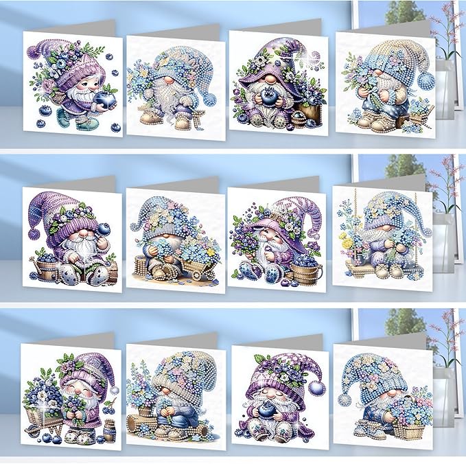 jinglinhh 12pcs Diamond Art Painting Lavender Blueberry Gnome Greeting Cards with Envelopes, DIY Card Making Kits for Adults, Diamond Art Postcards Christmas Cards Craft Gifts