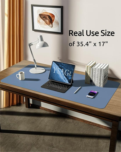 YSAGi Leather Desk Protector, Office Mat, Large Mouse Mat, Non-Slip PU Leather Blotter, Laptop Desk Pad, Waterproof Writing Pad for Office and Home (Blue, 35.4" x 17")
