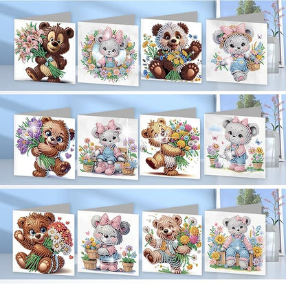 jinglinhh 12pcs Diamond Art Painting Flower Bear Greeting Cards with Envelopes, DIY Card Making Kits for Adults, Diamond Art Christmas Cards for Birthday Holiday Postcards Craft Gifts