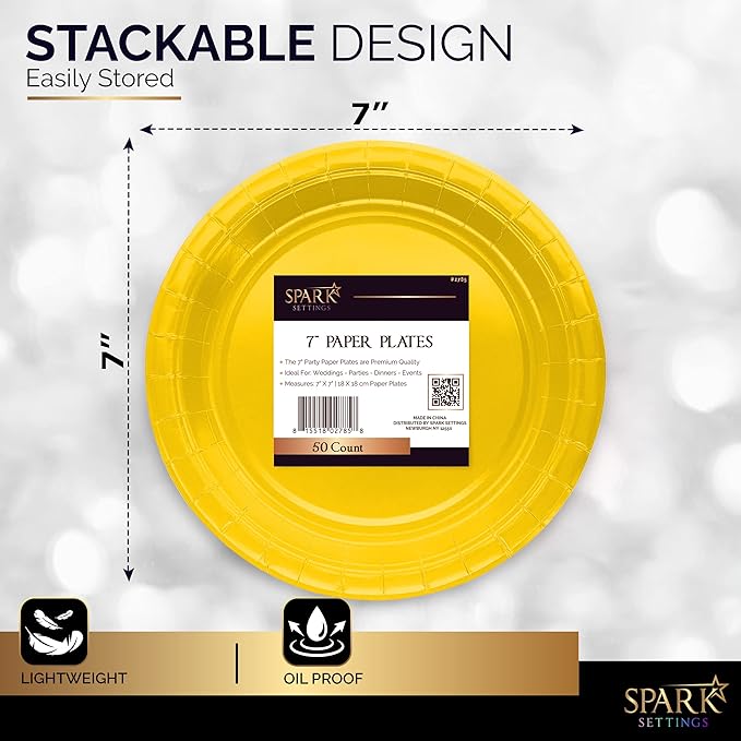 Disposable Paper Plates Yellow, 6 3/4 Inches Paper Dessert Plates, Strong and Sturdy Disposable Plates for Party, Dinner, Holiday, Picnic, or Travel Party Plates, Pack of 50