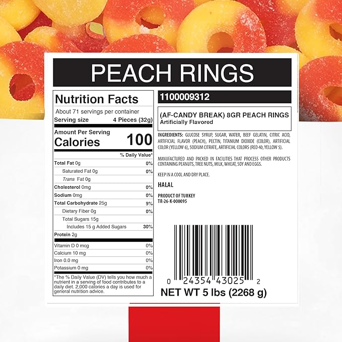 Candy Break Fruity Peach Rings Gummy Candy, Chewy Gummies with Peach Flavor, Snacks for Kids & Adults, Chewy Candies 5 lbs Bulk Share Size Bag, Pack of 1