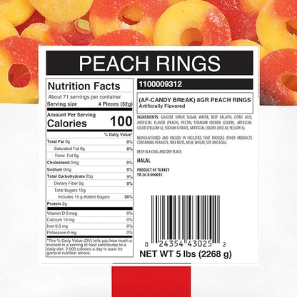 Candy Break Fruity Peach Rings Gummy Candy, Chewy Gummies with Peach Flavor, Snacks for Kids & Adults, Chewy Candies 5 lbs Bulk Share Size Bag, Pack of 1