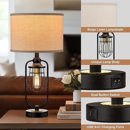 Table Lamps for Living Room Set of 2, Farmhouse Lamps for Night Stands, Industrial Bedside Lamps for Bedroom End Table with USB A+C, Bulbs Included