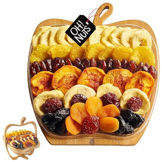 Oh! Nuts Dried Fruit Gift Basket - Gourmet Gift Baskets - Holiday Healthy Assortment Dried Fruits Gift Box - Crafted in the USA - Wooden Apple Shape Gift Tray - (Honey Beige)