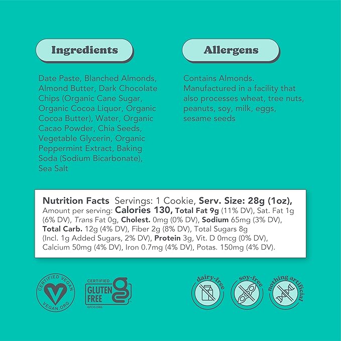 Love + Chew Superfood Soft Baked MINI Cookies, Mint Cacao Brownie Flavor, Plant Based Cookie Made With Almonds & Dark Chocolate for Kids and Adults, Vegan Snacks, Gluten Free, Paleo, Non GMO, 18 Pack