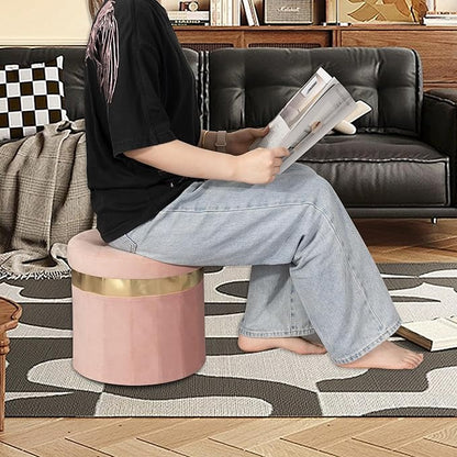 Small Ottoman with Storage,Folding Round Ottoman with Gold Trim,Velvet Storage Stool,Foot Stool with Soft Padded,Foot Rest for Living Room13“x13”x12.4(Pink,1pcs)