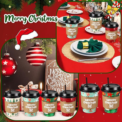 Lallisa 100 Sets Christmas Disposable Coffee Paper Cups Bulk with Lids Sleeves & Straws, 12 oz Red and Greenxmas Snowman Coffee Cups for Hot Cocoa Cold Tea Holiday Party Supplies