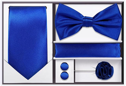 TIE G 5pcs Tie Set in WHITE OR BLACK GIFT BOX: Solid Color Necktie, Satin Bow Tie, Pocket Square, Lapel, Cuff Links
