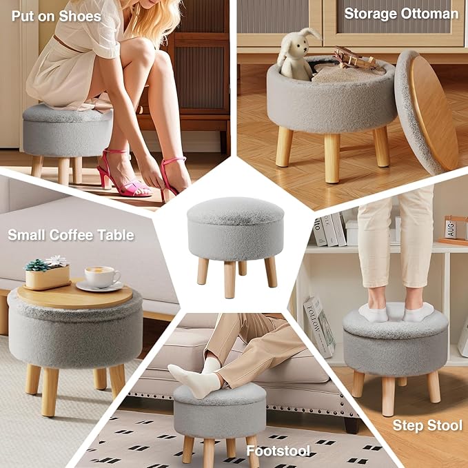 Poofzy Small Ottoman with Storage, Small Foot Stool Ottoman with Wood Legs, Faux Fur Foot Rest for Couch, Living Room and Bedroom - Smog Gray
