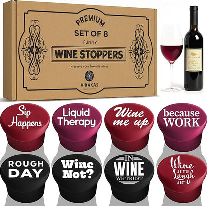 Funny Silicone Wine Stopper Set of 8 – Must-Have Wine Accessories & Perfect Wine Gifts for Women & Men – Airtight & Reusable