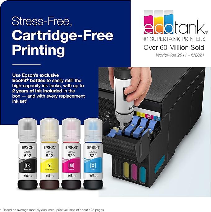 Epson EcoTank ET-2800 Wireless Color All-in-One Cartridge-Free Supertank Printer with Scan and Copy â€“ The Ideal Basic Home Printer - Black, Medium
