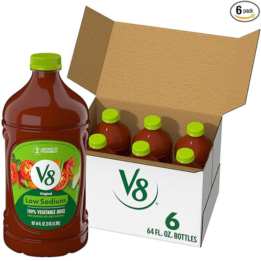 V8 Low Sodium Original 100% Vegetable Juice, 64 fl oz Bottle (6 Pack)