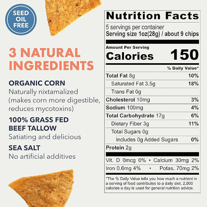 MASA CHIPS - Tortilla Chips Snack Pack - Seed Oil Free, Naturally Grown Corn Chips - Low Carb Snacks - Made with Grass Fed Tallow & Sea Salt - 2 Pack, 5 Ounce Each