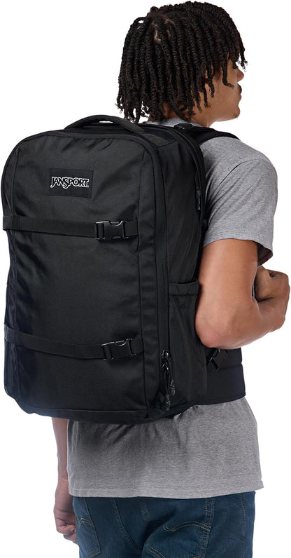 JanSport Venture Pack – Travel Pack With Large Main Compartment with Compression Straps, Dual Water Bottle Pockets, Padded Hip Belt & Luggage Trolley Pass-Through, Black