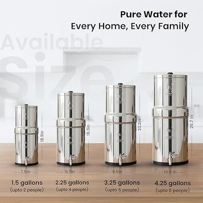 Gravity Water Filter System – 1.5 G NSF Certified Rust Free 304 Stainless Steel Countertop Water Filter | 2 Smart Carbon Filters | Steel Spigot | Manual Install | No Electricity or Plumbing | Portable