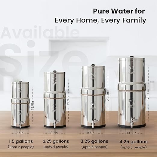 Gravity Water Filter System 2.25 G NSF Certified – Rust Free Stainless Countertop Water Filter | 2 Smart Carbon Filters | Steel Spigot | Manual Install | No Electricity or Plumbing required | Portable