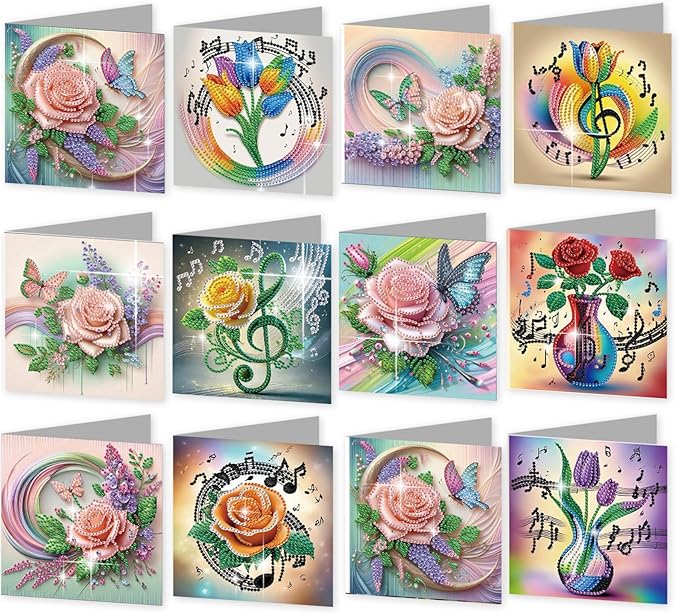 jinglinhh 12pcs Diamond Art Painting Romantic Rose Tulip Flower Bouquet Musical Notes Greeting Cards with Envelopes, DIY Card Making Kits for Adults, Diamond Art Postcards Christmas Cards Craft Gifts