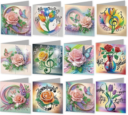 jinglinhh 12pcs Diamond Art Painting Romantic Rose Tulip Flower Bouquet Musical Notes Greeting Cards with Envelopes, DIY Card Making Kits for Adults, Diamond Art Postcards Christmas Cards Craft Gifts