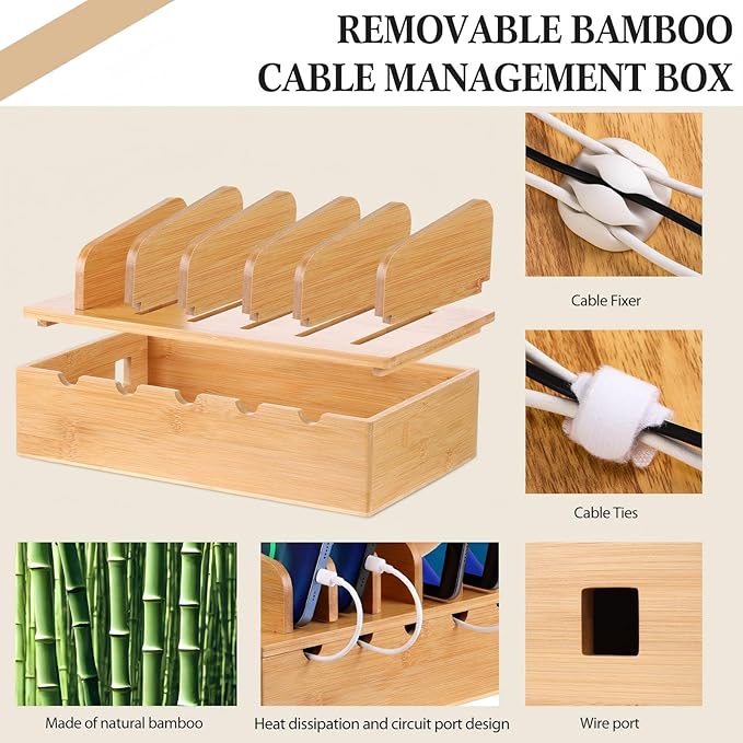 Bamboo Charging Station for Multiple Devices, Cell Phone Docking Charging Station Organizer and Cord Organizer for 10 Devices for Power Strip Storage, Phones and Tablets(Natural Wood Color)