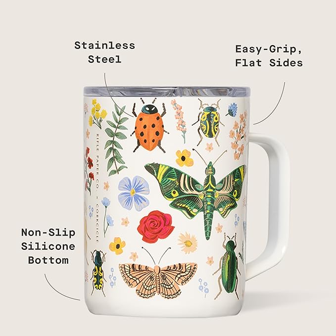 Corkcicle x Rifle Paper Co. Triple Insulated Coffee Mug with Lid & Handle - Keeps Beverages Hot for 3+ Hours - Gift for Mom - Great for Mother's Day or Christmas - 16 oz - Curio Cream