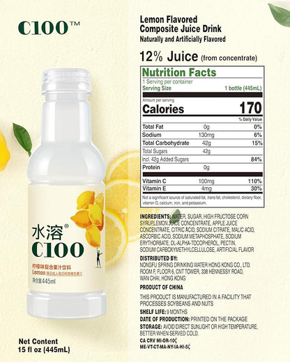 C100 Lemon Flavored Composite Juice Drink，100mg Vitamin C Per Bottle, 12% Real Fruit Juice, -15 fl oz, 445mL, 15 Pack