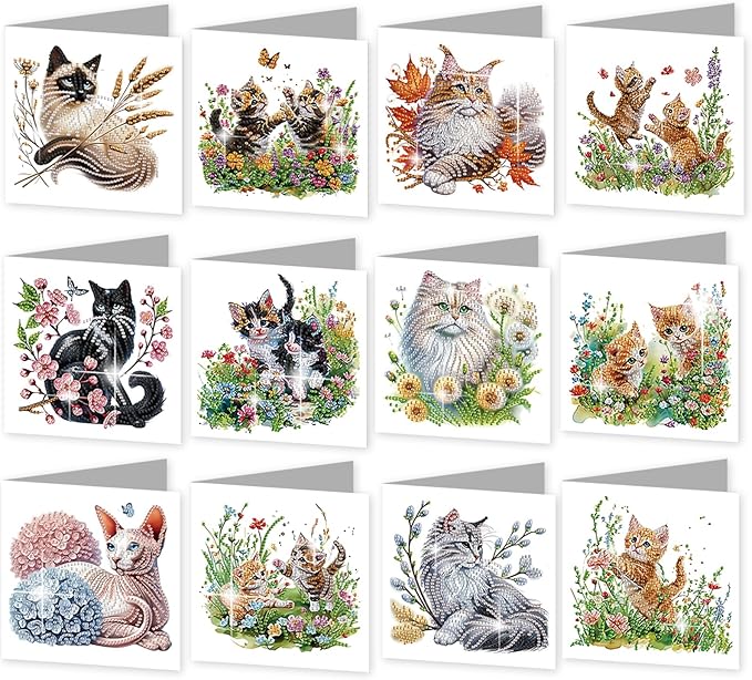 jinglinhh 12pcs Sphynx Cat Diamond Art Painting Kitten in the Flower Garden Greeting Cards with Envelopes, DIY Card Making Kits for Adults, Diamond Art Christmas Birthday Holiday cards Craft Gifts
