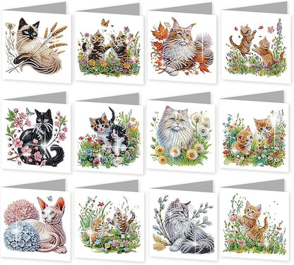 jinglinhh 12pcs Sphynx Cat Diamond Art Painting Kitten in the Flower Garden Greeting Cards with Envelopes, DIY Card Making Kits for Adults, Diamond Art Christmas Birthday Holiday cards Craft Gifts