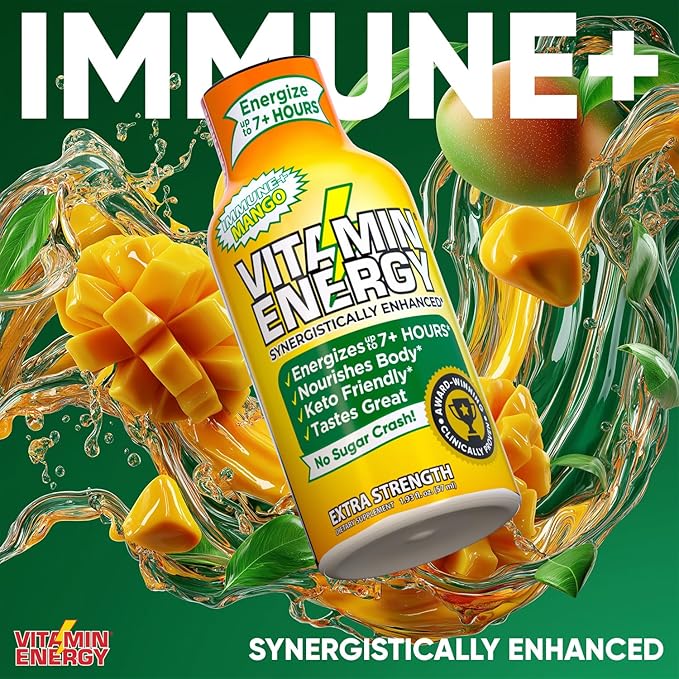 Vitamin Energy Immune+ Extra Strength Energy Shot Mango 24 Pack, 260mg Natural Caffeine, B-Vitamins, Citicoline, Green Tea, Immunity & Focus Support, Zero Sugar, Gluten-Free 1.93 fl oz