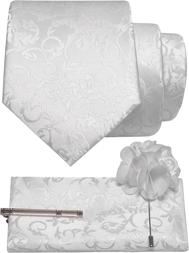 JEMYGINS Mens Floral Tie and Lapel Pin Necktie Pocket Square and Tie Clip with Sets for Business Casual 4PCS