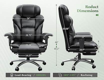 Office Chair with High Back,28.7" Deep Seat,Big and Tall Executive Leather Office Chair with Foot Rest & Arms,Reclining Desk Chair Ergonomic with Lumbar Support for Home Office,Blcak