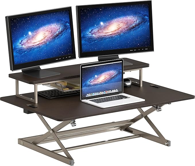 SHW 36-Inch Over Desk Height Adjustable Standing Desk with Monitor Riser, Espresso