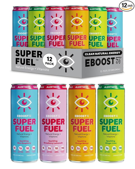 EBOOST Super Fuel Healthy Energy Drink - Caffeine from Natural & Clean Ingredients For Focus and Productivity -Taurine Free Pre-Workout With Electrolytes, Nootropic & Vitamins - Variety Pack, 12 Pack