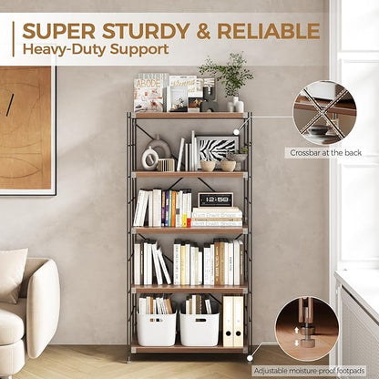5-Tier Industrial Bookshelf, Modern Metal & Wood Bookcase, Sturdy Storage Rack for Office, Living Room, Bedroom & Study, Open Shelves for Books, Decor & More