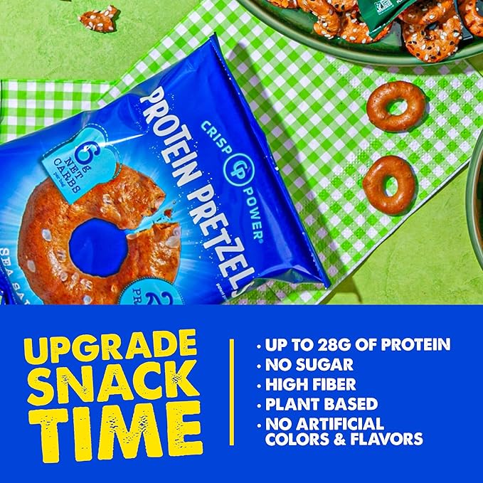 Crisp Power Protein Pretzels, Sea Salt, High Protein Vegan Keto Snack, 28 G Plant Based Protein, Low Carb Crunchy Pretzel Snacks, No Added Sugar, No Seed Oils, 1.75 oz Bags, 6 Pack